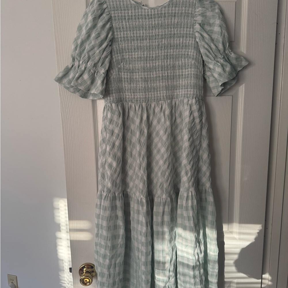 Tuckernuck Midi Dress in Mint Green Checkered Gingham Smocked